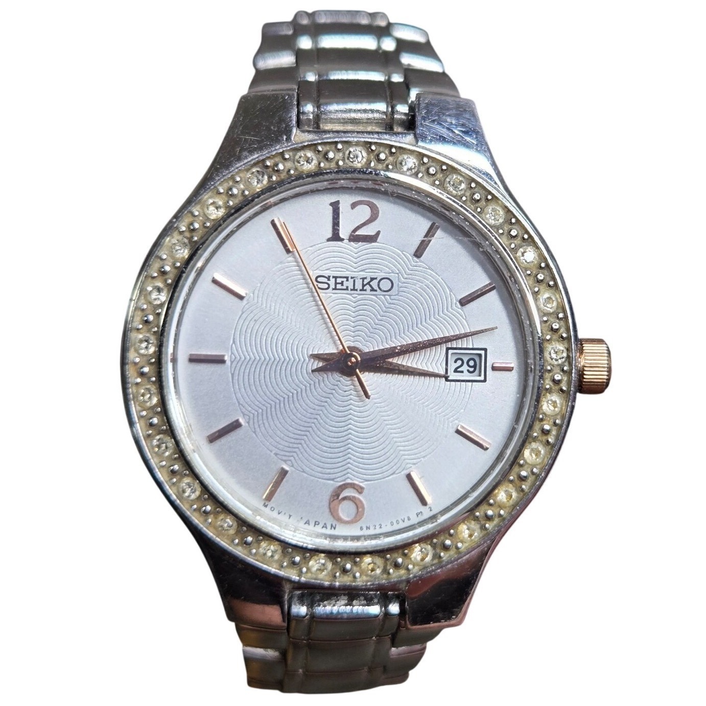 Seiko Crystal Bezel Silver Guilloche Dial Date Womens Watch 6n2200d0 Tested Seiko Crystal Bezel Silver Guilloche Dial Date Womens Watch 6n2200d0 Tested